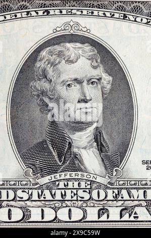 Ritratto di Thomas Jefferson sulla banconota da due dollari. Foto Stock