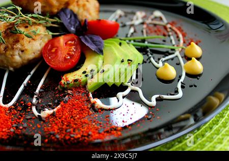 Piatto splendidamente presentato con pomodori a fette, avocado, cotolette di pollo e salsa artistica su un piatto nero Foto Stock