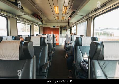 All'interno di un treno business class ÖBB Eurocity dalla Slovenia all'Austria: Sedili in ecopelle, portapacchi, vista sul paese dalle finestre Foto Stock