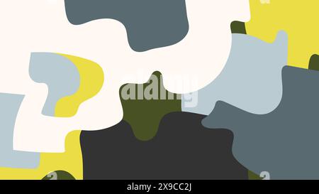 Sfondo astratto disegnato a mano con figure e forme liquide. Sfondo orizzontale retrò nei colori verde, blu, acido, beige e nero Illustrazione Vettoriale