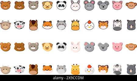 Set di emoticon animali kawaii Vector Illustrazione Vettoriale