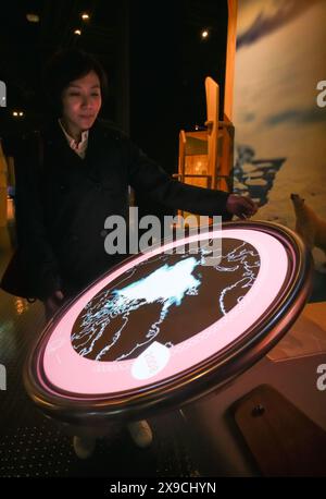 Vancouver, Canada. 30 maggio 2024. Una donna guarda una mostra interattiva che mostra i cambiamenti della distribuzione dei ghiacci marini artici di anni durante un'anteprima mediatica della mostra "Earth Matters: Rethink the Future" presso Science World a Vancouver, British Columbia, Canada, il 30 maggio 2024. "Earth Matters: Rethink the Future" è l'ultima mostra al Science World di Vancouver, dove i visitatori possono esplorare i cambiamenti del pianeta attraverso mostre coinvolgenti e interattive sulla biodiversità, i cambiamenti climatici e la sostenibilità. Crediti: Liang Sen/Xinhua/Alamy Live News Foto Stock