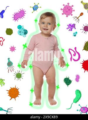 Piccolo bambino carino circondato da virus disegnati su sfondo bianco. Forte concetto di immunità Foto Stock