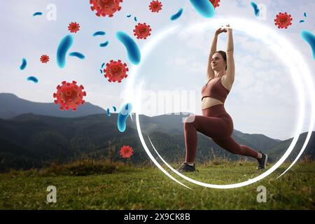 Donna felice che pratica yoga in montagna. Bolla intorno a lei che simboleggia forti virus di blocco dell'immunità, illustrazione Foto Stock