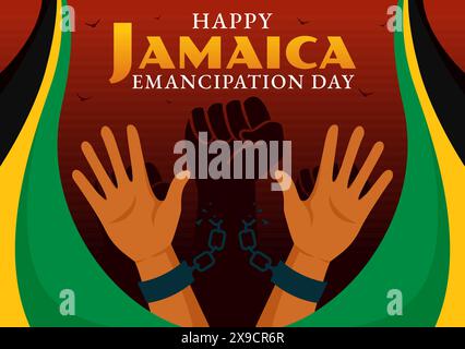 Illustrazione vettoriale della Giamaica Emancipation Day il 1° agosto con una bandiera ondulata e tema Patriottico in uno sfondo di cartoni animati National Holiday Flat Illustrazione Vettoriale