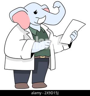 cartoon doodle di animali che fanno attività, un medico elefante sta analizzando i dati di salute del paziente Illustrazione Vettoriale