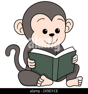 doodle educativo dei cartoni animati, studente di scimmia seduto a leggere un libro di scienze Illustrazione Vettoriale