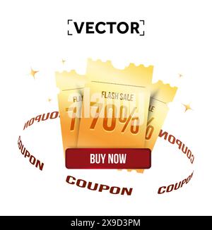 buono sconto flash 3d con sconto del 70%, codice coupon, isolato su sfondo bianco. Icona speciale del buono sconto Golden. Prezzo scontato con il simbolo del buono. illustrazione vettoriale 3d. Illustrazione vettoriale Illustrazione Vettoriale