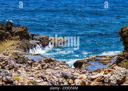 Costa rocciosa dell'isola di Curacao. Il mare è bellissimo. Foto Stock