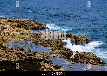 Costa rocciosa dell'isola di Curacao. Il mare è bellissimo. Foto Stock