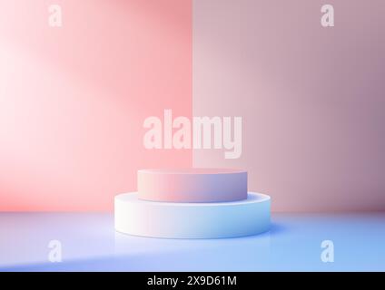 Podio bianco e pastello minimalista in 3D con sfondo rosa e blu, moderno mockup per esposizione prodotti per Showroom Illustrazione Vettoriale