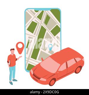 Ordinazione online di taxi auto, noleggio e condivisione tramite l'applicazione mobile Service. Schermo uomo e smartphone con percorso e punti sulla mappa della città Illustrazione Vettoriale