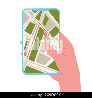 Ordinazione online di taxi auto, noleggio e condivisione tramite l'applicazione mobile Service. Schermo dello smartphone con percorso e punti sulla mappa della città in auto Illustrazione Vettoriale