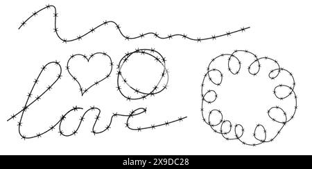 Sagome in filo spinato intrecciato disposte in forme arrotondate e quadrate. Illustrazione vettoriale di telai di recinzione con portagomma in acciaio nero. Concetto di protezione Illustrazione Vettoriale