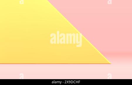 Sfondo 3d triangolo giallo con scenografia geometrica di presentazione del prodotto a parete illustrazione vettoriale realistica. Dorso rosa pastello dalle prestazioni astratte Illustrazione Vettoriale