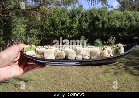 Piatto con dhokla di sandwich o dhokla bianca, un popolare piatto gujarati servito con chutney di Pudina, salsa di menta verde decorata sul tavolo Foto Stock