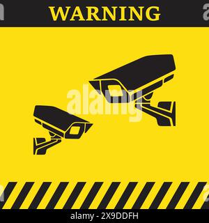 Simbolo di avvertimento su sfondo giallo con silhouette nere delle telecamere di sicurezza Illustrazione Vettoriale