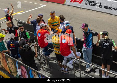 Circuito di Monaco, Monte carlo, Monaco. 26.May.2024; sfilata dei conducenti, Lewis Hamilton, Max Verstappen, Charles Leclerc, Lando Norris, durante la Formula uno Foto Stock