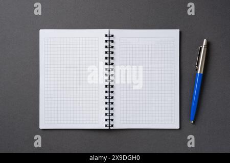 Quaderno a scacchi e a spirale su un tavolo grigio scuro con una penna a sfera accanto Foto Stock