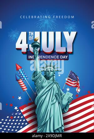 Bandiera nazionale americana con Statua della libertà per il 4 luglio, festa del buon giorno dell'indipendenza. disegno dell'illustrazione vettoriale astratta Illustrazione Vettoriale