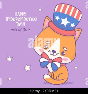 Gatto patriottico con arco e cappello nei colori della bandiera americana. Cartoni animati natalizi kawaii PET. Cartolina di buon giorno dell'indipendenza. Illustrazione vettoriale Illustrazione Vettoriale