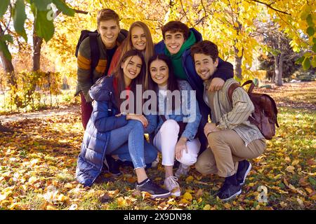 Ritratto di sei giovani amici maschi e femmine felici e spensierati nel parco autunnale nella giornata di sole. Foto Stock