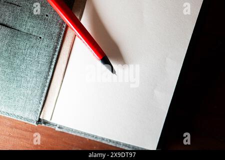 Un quaderno aperto con pagine vuote e una penna rossa appoggiata su di esso, collocato su una superficie di legno. Foto Stock