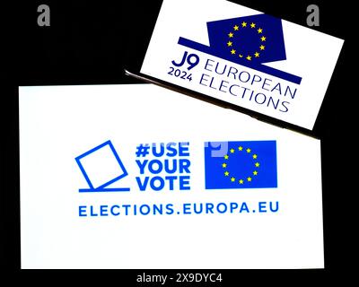 Ucraina - maggio 31. 2024: In questa foto, un logo delle elezioni europee visto su uno smartphone. Elezioni per il Parlamento europeo Foto Stock