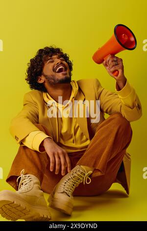 Un uomo con un abbigliamento colorato seduto a terra, con un megafono rosso e arancione. Foto Stock