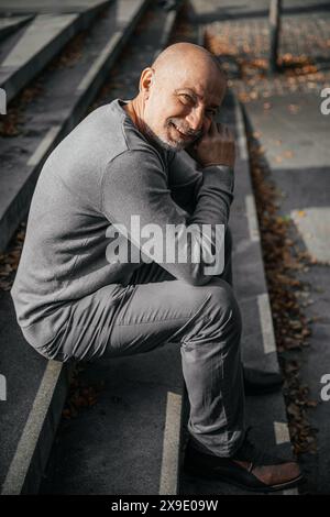 Uomo anziano seduto sui gradini all'aperto, appoggiato sulle mani, sorridente Foto Stock