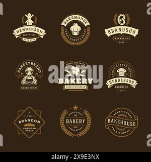 I modelli di design dei loghi e dei badge dei prodotti da forno rappresentano un'illustrazione vettoriale. Buono per bakehouse e Cafe' emblemi. Elementi tipografici e silhouette retrò. Illustrazione Vettoriale