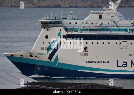 Marsiglia, Francia. 29 maggio 2024. La nave Girolata, traghetto della compagnia la Méridionale, arriva al porto francese del Mediterraneo di Marsiglia. Credito: SOPA Images Limited/Alamy Live News Foto Stock