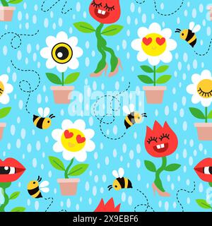 Schema senza cuciture di piante da casa pazze. Fiori disegnati a mano vettoriali in stile piatto su sfondo giallo chiaro Illustrazione Vettoriale