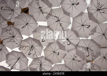 Gli ombrelli a cielo bianco decorano le strade di Águeda in Portogallo grazie al progetto Umbrella Sky Foto Stock