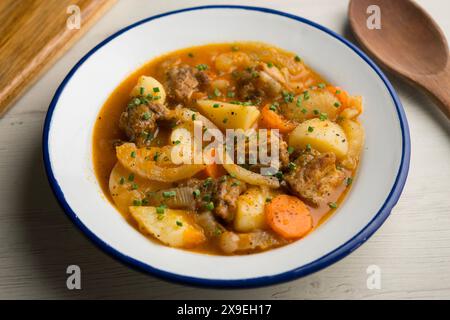 Stufato con costolette di maiale, patate e finocchio. Ricetta gastronomica tradizionale spagnola. Foto Stock