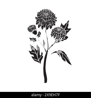 Fiore di crisantemo con silhouette nera. Illustrazione vettoriale isolata su sfondo bianco. Illustrazione Vettoriale
