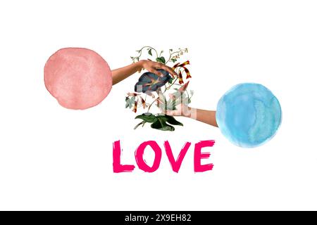 Un collage con due mani che reggono fiori e foglie, la parola d'amore e due cerchi colorati su sfondo bianco Foto Stock