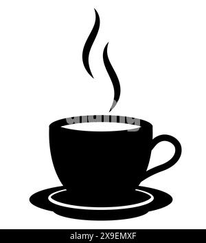 una tazza di tè o caffè fumanti su una sagoma a piattino, immagine vettoriale in bianco e nero della bevanda calda Illustrazione Vettoriale