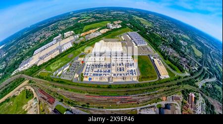 Luftbild, Logistikstandort Scharnhorst Walzwerkstraße Gewerbegebiet Westfalenhütte, mit Rewe Dortmund Frischelogistik GmbH Warenlager, Baustelle Prologis Park Dortmund DC2 Neubauten Kaiserstuhlstraße, Erdkugel, Fisheye Aufnahme, Fischaugen Aufnahme, 360 Grad Aufnahme, piccolo mondo, piccolo pianeta, fisheye Bild, Borsigplatz, Dortmund, Ruhrgebiet, Nordrhein-Westfalen, Deutschland ACHTUNGxMINDESTHONORARx60xEURO *** Vista aerea, posizione logistica Scharnhorst Walzwerkstraße area industriale Westfalenhütte, con magazzino Rewe Dortmund Frischelogistik GmbH, cantiere Prologis Park Dortmund DC2 Foto Stock