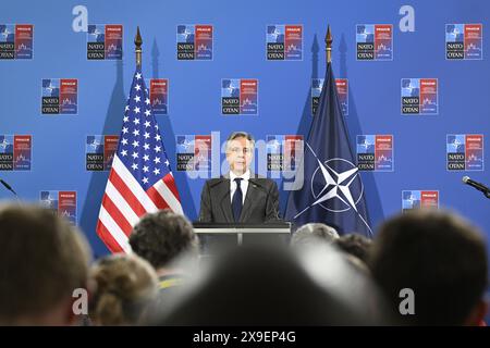 Praga, Repubblica Ceca. 31 maggio 2024. Il Segretario di Stato DEGLI STATI UNITI Antony Blinken parla in una conferenza stampa durante l'ultimo giorno della riunione informale di due giorni dei ministri degli Esteri dei paesi NATO, per celebrare i 25 anni della Cechia nella NATO e i 75 anni dalla fondazione della NATO, a Praga, Repubblica Ceca, il 31 maggio 2024. Crediti: Michal Kamaryt/CTK Photo/Alamy Live News Foto Stock