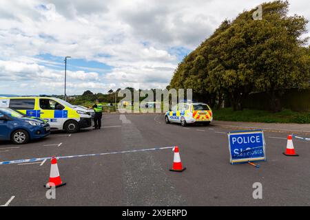 Bournemouth, Dorset, Regno Unito. 31 maggio 2024. La polizia continua le sue indagini cercando tra le scogliere a seguito di un accoltellamento fatale alla spiaggia di Durley Chine venerdì scorso, dove una donna di 34 anni, Amie Gray, è morta e un'altra è rimasta gravemente ferita. Crediti: Carolyn Jenkins/Alamy Live News Foto Stock