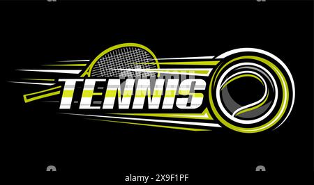 Logo vettoriale per Tennis, banner decorativo orizzontale con contorno raffigurante il colpo di palla da tennis, il volo sulla traiettoria in porta su sfondo scuro Illustrazione Vettoriale