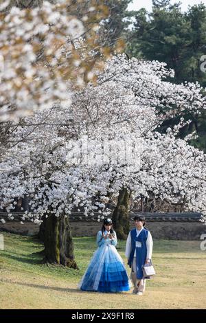 Coppia che indossa abiti tradizionali presso la Tomba reale di Re Michu nel complesso della Tomba di Daereungwon (sito Patrimonio dell'Umanità dell'UNESCO), Gyeongju, Corea del Sud Foto Stock