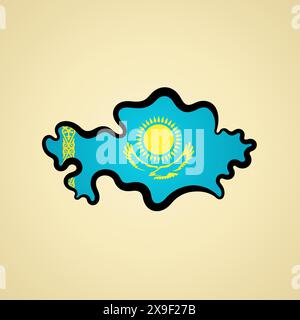 Mappa del Kazakistan con bandiera e contorno nero. Illustrazione Vettoriale