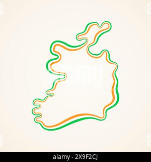 Mappa delineata dell'Irlanda contrassegnata con un nastro colorato dalla bandiera. Illustrazione Vettoriale