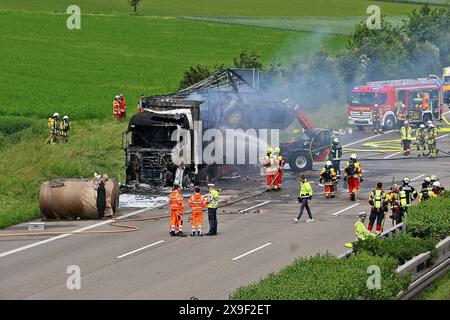 ***BILDER- & INFOUPDATE PRESSEMITTEILUNG*** LKW mit Papierrollen brennt auf der A81 in voller Ausdehnung - Mehrstündige Vollsperrung führt zu Verkehrschaos 22.05.2024: Pressemitteilungen des Polizeipräsidiums Ludwigsburg: Polizeipräsidium Ludwigsburg POL-LB: BAB 81/Pleidelsheim: Fahrstreifen der Autobahn nach Fahrzeugbrand wieder frei gegeben Ludwigsburg ots Nachdem es am Mittwoch 22.05.2024 kurz vor 13,00 Uhr im Bereich der Anschlussstelle Pleidelsheim zu einem LKW-Brand gekommen ist siehe Erstmeldung: https://www.presseportal.de/blaulicht/pm/110974/5784839, konnte gegen 15,50 Uhr der linke F Foto Stock