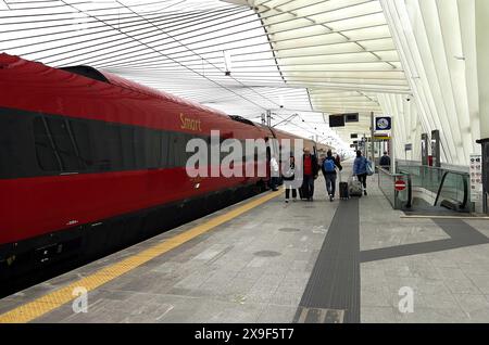 Il treno ad alta velocità entra nella stazione AV Mediopadana di Reggio Emilia, trasporto ferroviario avanzato in Italia. Foto Stock