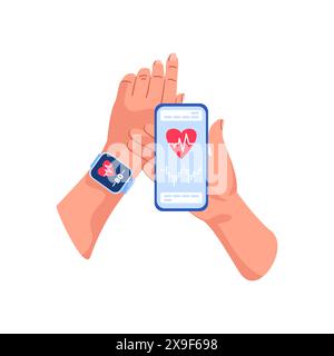 Applicazioni smartphone per il controllo del ritmo cardiaco. Giornale cardio, diario della pressione sistolica e diastolica. Apparecchiature mediche. Miglioramento della qualità o Illustrazione Vettoriale