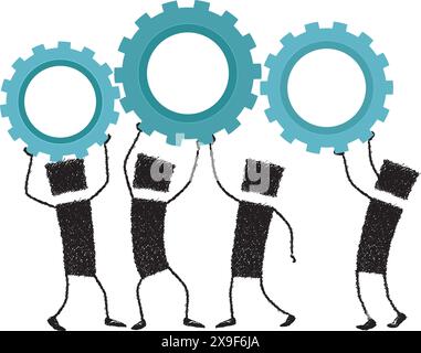 Illustrazione di un gruppo di persone che sollevano gli attrezzi sopra le loro teste. Insieme formano una buona squadra. Illustrazione Vettoriale