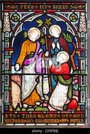 Una vetrata di Frederick Preedy raffigurante la carica di Gesù a San Pietro (dai da mangiare alle mie pecore), la chiesa di Sant'Andrea, Ringstead, Norfolk Foto Stock